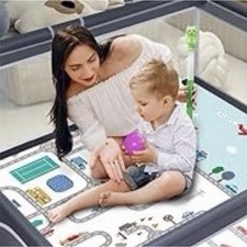 Grey Portable Foldable Baby Play Yard with Mat and Carry Bag