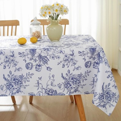 White Tablecloth Rectangle with Blue Floral Patterns, Polyester Wrinkle Resis...