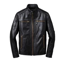 Men's Genuine Lambskin Leather Motorcycle Biker Jacket Black Cafe Racer Zip Coat