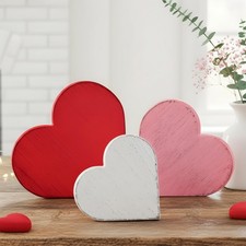 Valentine's Day Wooden Heart Decorations, 3pcs Red, Pink White Distressed F...