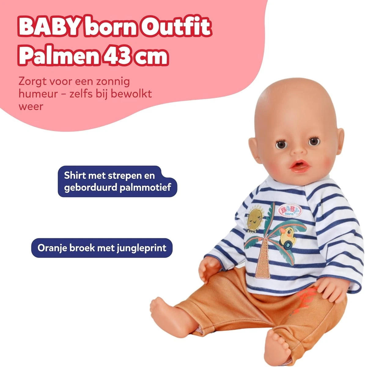 BABY born Palm Tree-Printed Outfit, Blue-Striped Shirt and Orange Trousers for 4