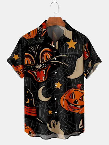 Hawaiian Anime Button Shirt | Summer Halloween Funny Cat - Picture 1 of 4