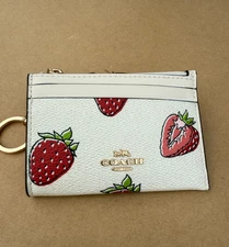 Coach  CAR17 Mini Skinny ID Card Case With Strawberry Print Gold/Chalk Multi