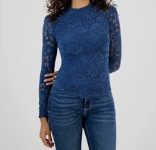 Guess Women's Blue Mock Neck Lace Long Sleeve Josephine Blouse Top Size S