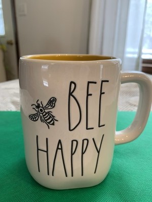 Rae Dunn Bee Happy Ceramic Coffee Mug with Yellow Interior