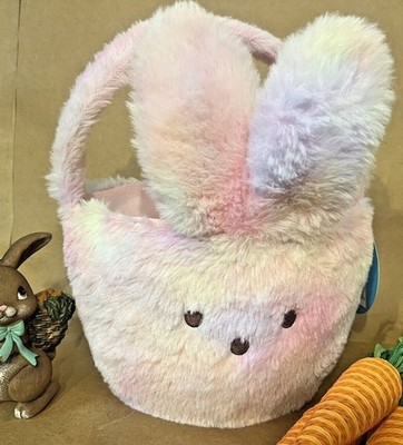 Bunny Ears Plush Treat Basket 8.5 X 8 In Pastel Rainbow Colors Soft Handle S33