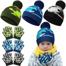 3 Sets Kids Boys Camouflage Beanies Gloves Set 8-14 Years, Black, Blue, Green
