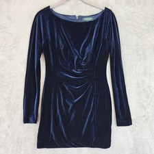 Lauren Ralph Lauren Dress Womens 0P Blue Velvet Long Sleeve Bodycon Mini Party
