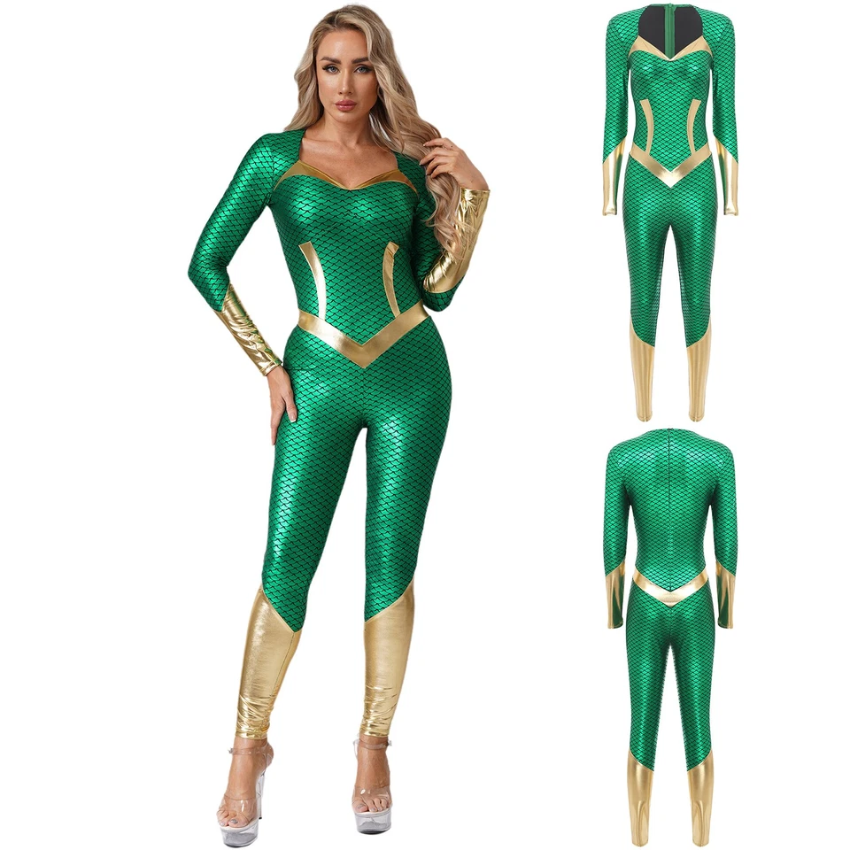 Women Mermaid Queen Cosplay Halloween Costume Fish Scale Metallic Bodysuit - Photo 2/4