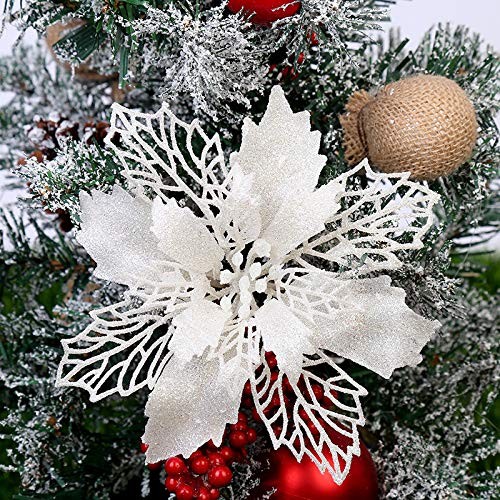 Yueshop 10 PCS Christmas Flowers Large (15CM) Poinsettia Glitter Flower White