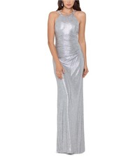 Betsy & Adam Womens Metallic Halter Sheath Gown Dress, silver, 4