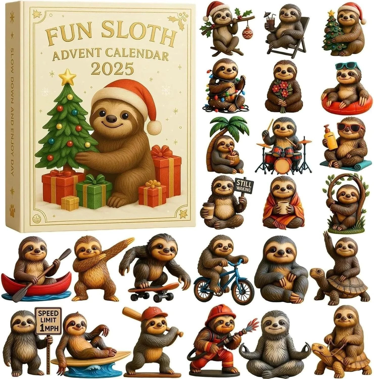 Sloth Advent Calendar 2025, 24 Day Christmas Countdown Calendar with 24 Pcs Cute