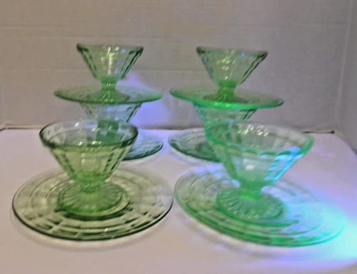 Green Uranium Glass Set of 6 Vintage Sherbet Bowls & Saucers - Depression