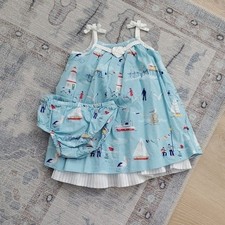 Janie and Jack Baby Girls Yacht Party Blue Coastal Dress With Bloomers Sz6-12m