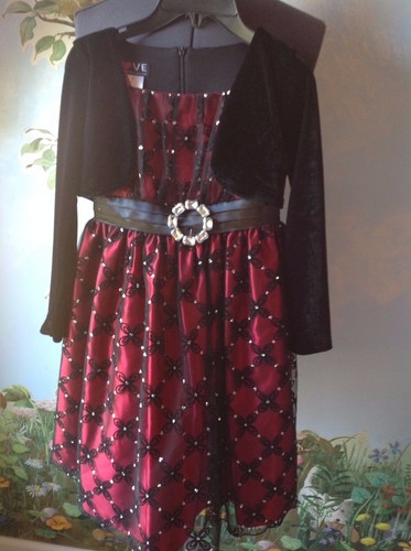 Love Girls Black & Red Brooch Velvety Top Floral Skirt Occasion Dress Size 8 - Picture 11 of 12