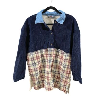 Forever Wearall Vintage Plaid Corduroy Color Block Long Sleeve Button Down.