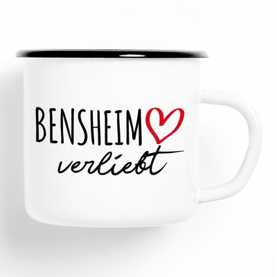 Emaille Tasse Bensheim verliebt Vintage Geschenkidee Souvenir Präsent Wichtelges