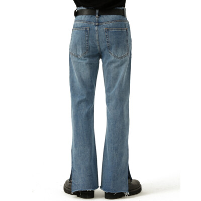 Men Denim Pants Flared Bootcut Jeans Loose Trousers Slit