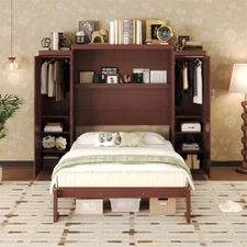Full Murphy Wall Bed with 2 Wardrobe &Storage Shelf Multifunctional Foldable Bed