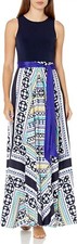 NEW Eliza J Blue Scarf Geometric Print Long Maxi Dress With Belt Women's Size 6