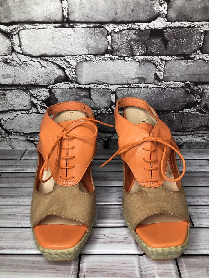 Cole Haan Orange Leather Lace Up Wedge Espadrilles Sandals Women Sz 9.5B US/40EU - Image 2 of 4
