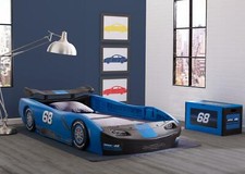 Kids Blue Turbo Race Car Twin Plastic Bed For Toddler Childs Bedroom Furniture