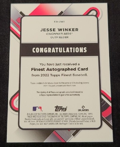 Scheda Jesse Winker 2022 Topps Finest AUTO #/99 RIFRATTORE ONDA VERDE #FA-JWI - Foto 6 di 6