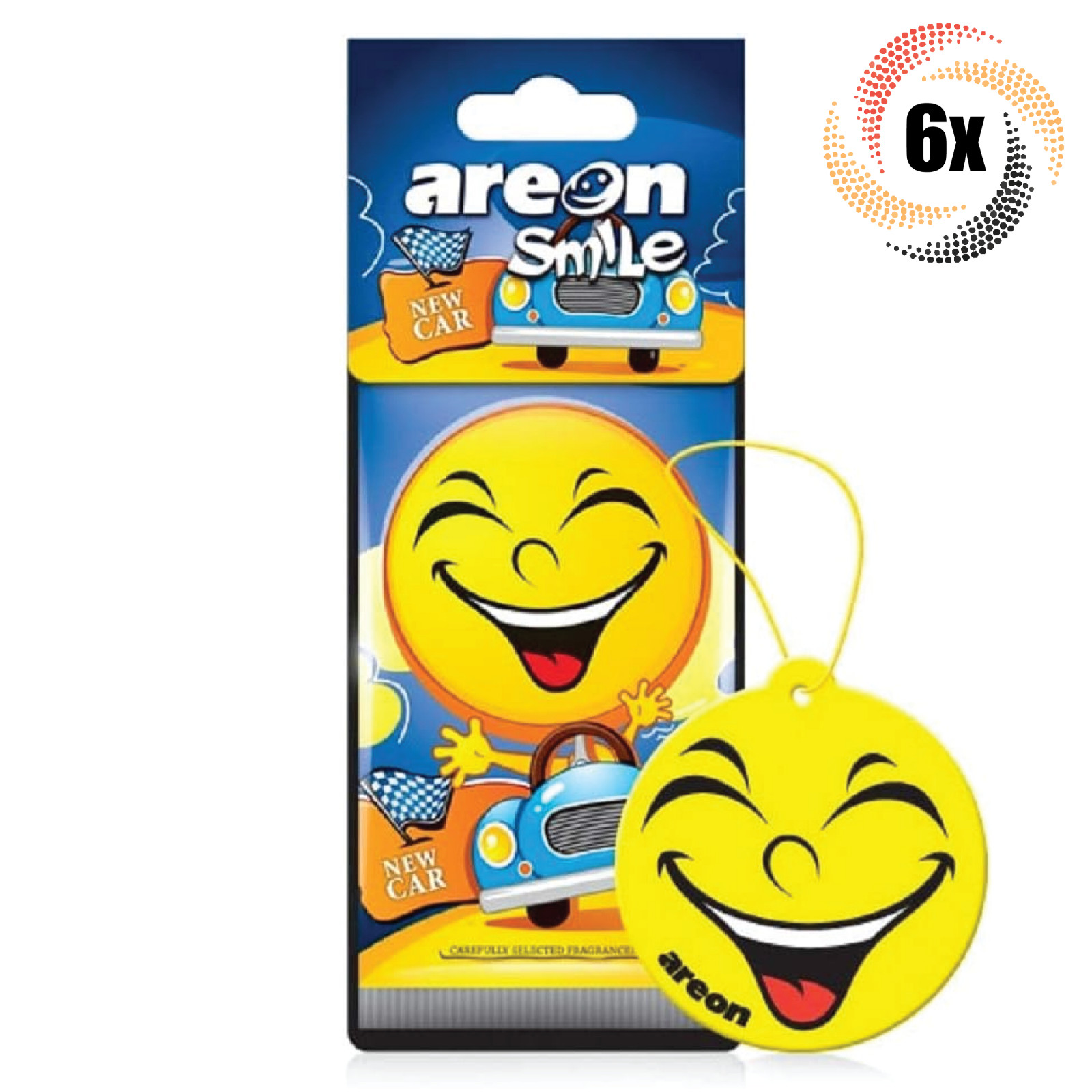 6 упаковок подвесного освежителя воздуха AREON Smile Funny Car Emoji Новый автомобильный аромат 2390₽