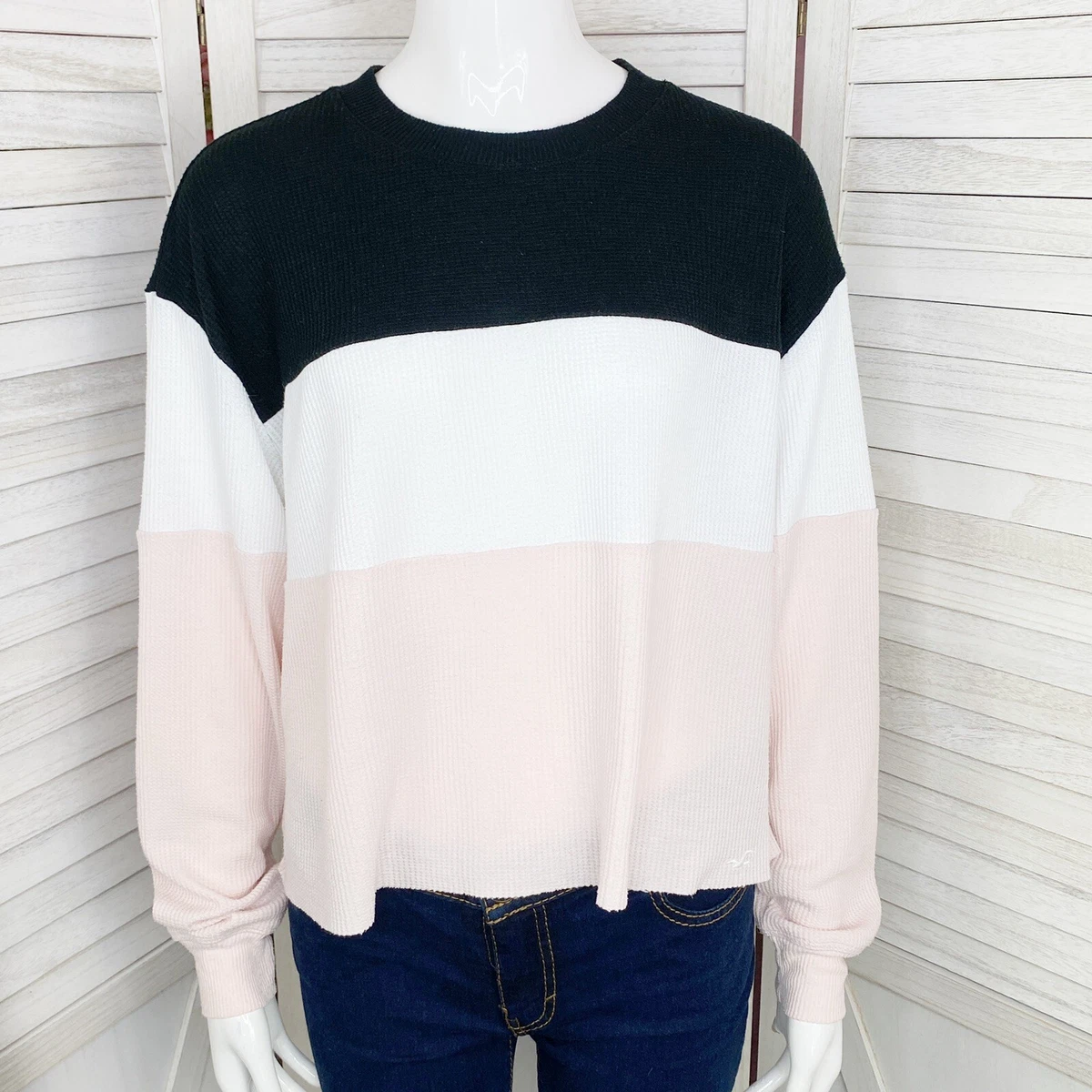 Hollister Shirt Womens Small Boyfriend Tee Color Block Waffle Knit Semi Cropped