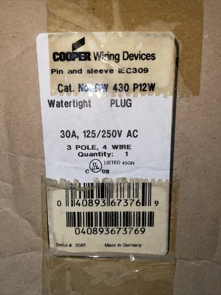 🔴Enchufe Cooper CW430P12W, 30A 125/250V 3P/4W pin y funda conector hermético!!️ Foto 2 de 4
