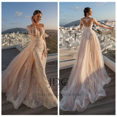 Mermaid Spitze Brautkleid Hochzeit Langarm 2 in 1 abnehmenbare Schleppe 32-60