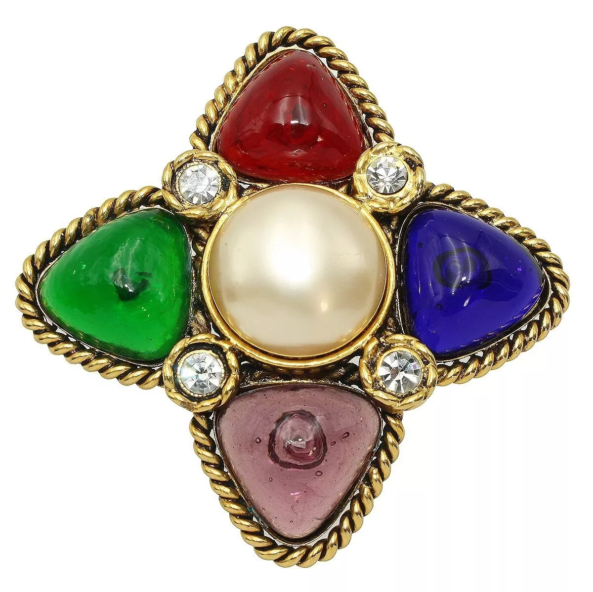 CHANEL Gold-tone Gripoix Faux Pearls Cross Rhombus Pin Brooch Vintage Z1454