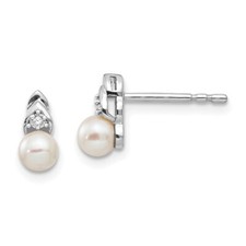 Real 14kt White Gold FW Cultured Pearl and Diamond Post Earrings