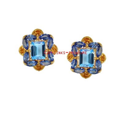 Natural Blue Topaz & Tanzanite stones 925 Solid Silver Gold Plated Cufflinks #78