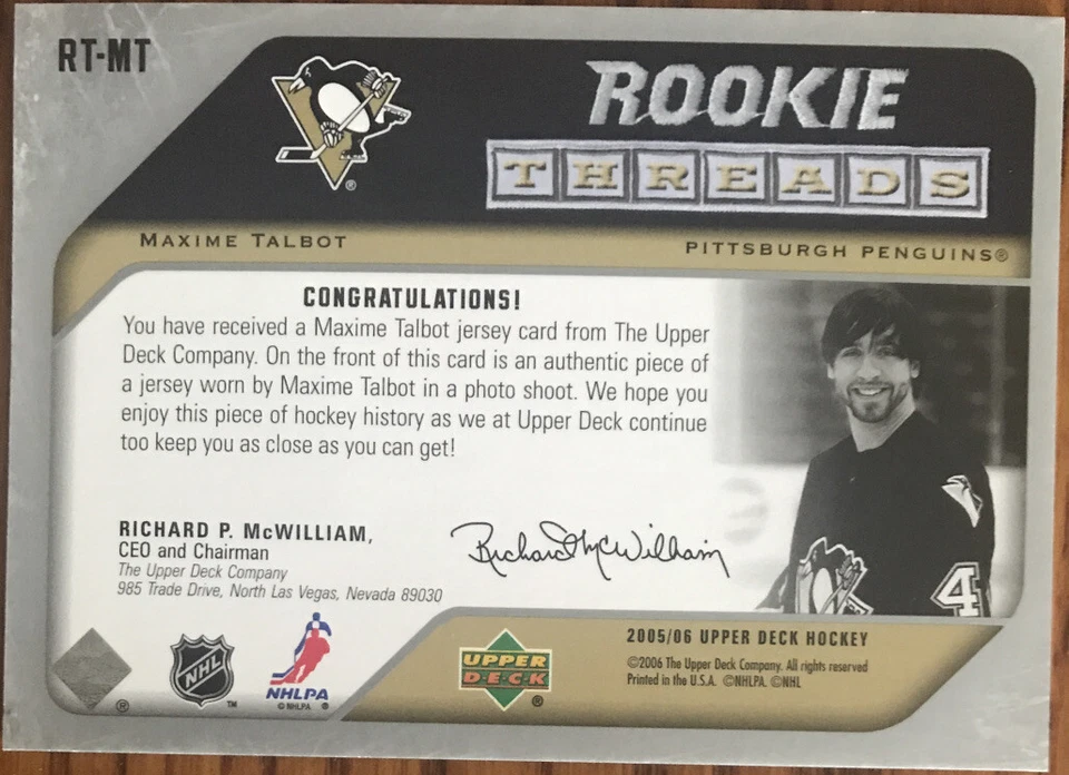 2005-06 Upper Deck Rookie Threads Maxime Talbot RT-MT Pittsburgh Penguins - Image 2 of 2