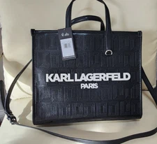 KARL LAGERFELD Tote Handbag Embossed Crossbody Black Adjustable Strap NWT $230