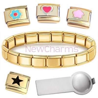 Gold Color Italian Charms Plus Starter Bracelet and Charm Tool Stainless Steel