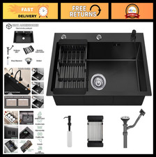 21.7x17.7in Black Stainless Steel Drop-In Kitchen Sink, Single Bowl with Drain
