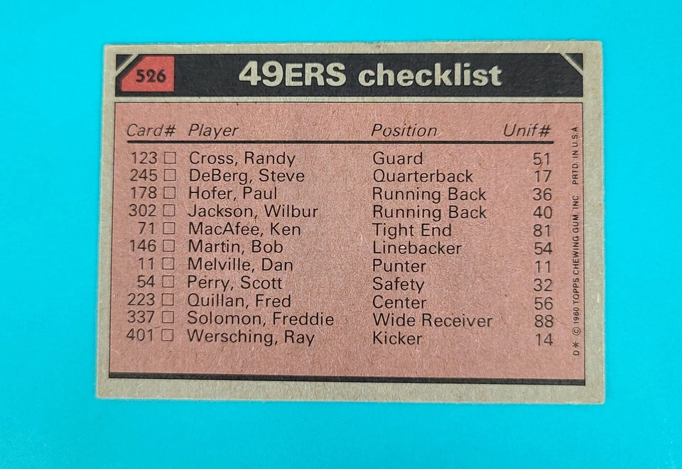 1980 Topps Team Leaders/CL 49'ers #526 Paul Hofer / Freddie Solomon Card S6 - Image 2 of 2