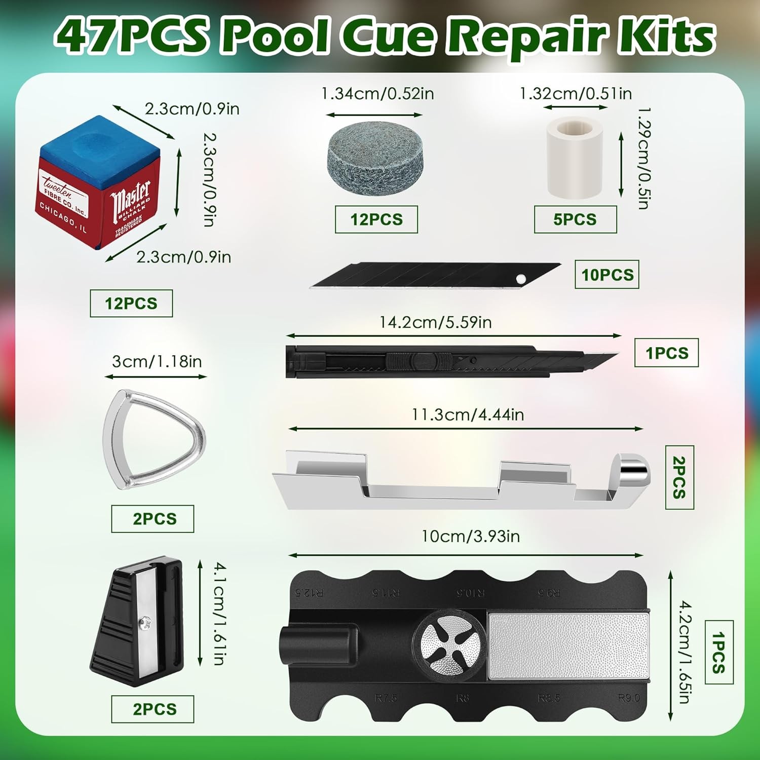 47pcs Pool Cue Repair Kit, Billiard Cue Tips, 5 in 1 Tips Repair Tool, 2 Clamp, 