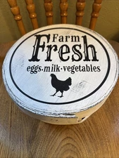 FARM FRESH Black/White Round Wood Pantry Box w/ Lid Storage Container 8" X 3.5"