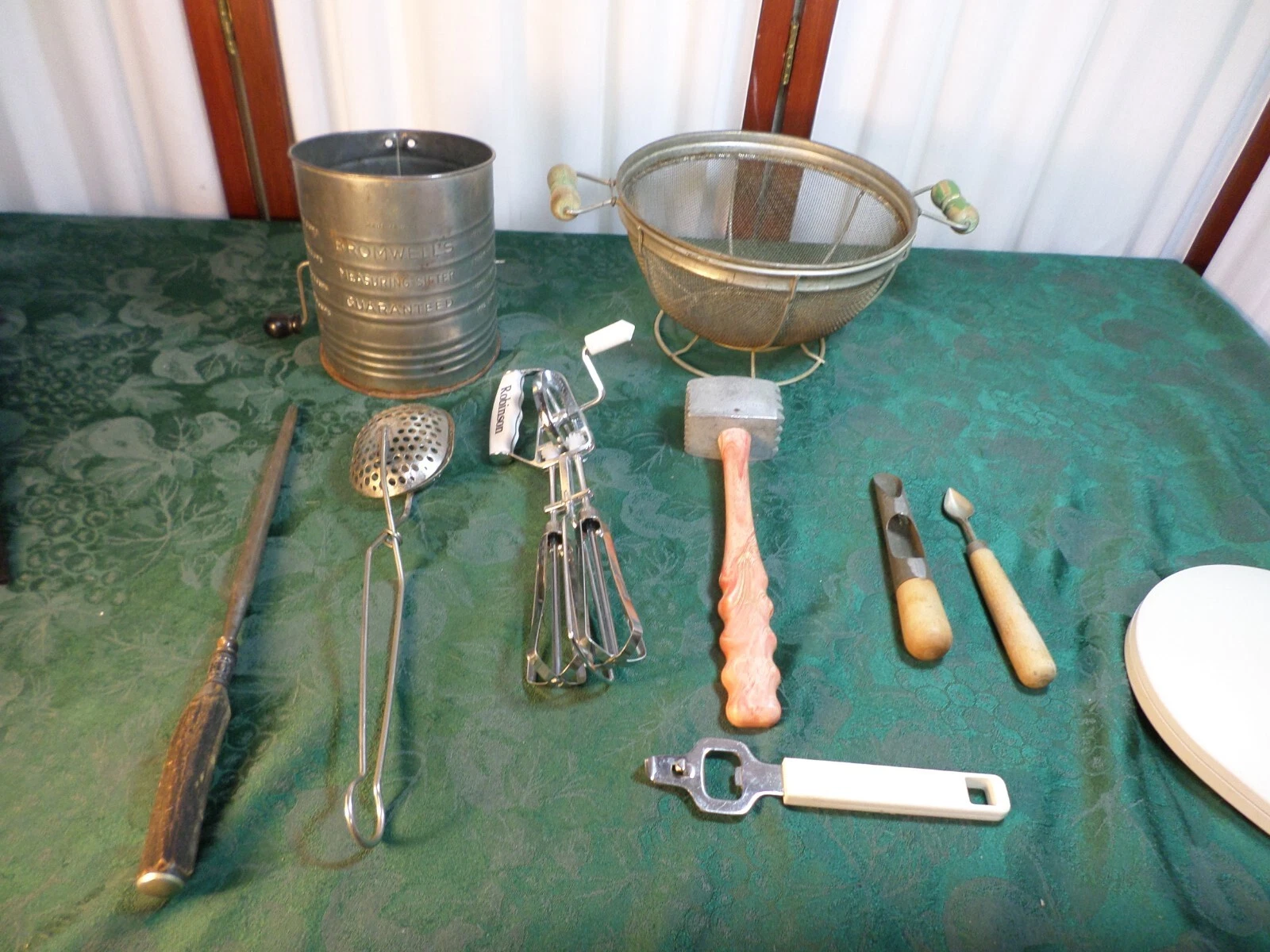 9 Vintage Kitchen Tools-Strainer/Sifter/Egg Beater/Pitters/Meat Tenderizer Plus