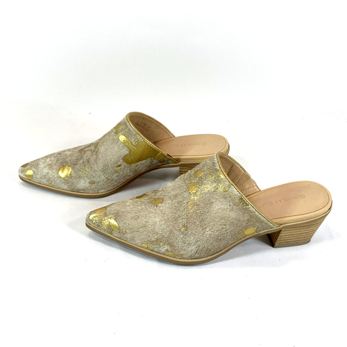 Chocolat Blu Clint Mule Shoes Low Heel Gold Pony Hair Pointed Toe Beige Slide 39 - Picture 8 of 24