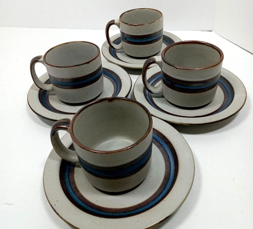 4 Otagiri Horizon Stoneware Cups + Saucers Blue Brown Grey Coffee Tea Mugs MCM