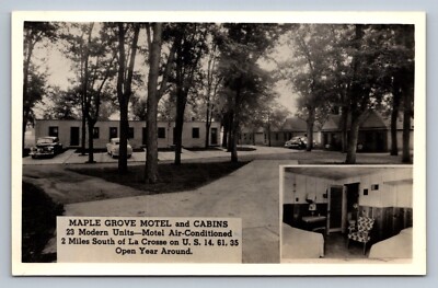 Postcard RPPC Wisconsin LaCrosse Maple Grove Motel Cabins Dual View I701