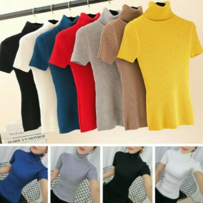 Damen Slim Rollkragen Pullover Gerippter Strick Top Pullover Kurzärmel Basic
