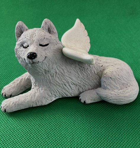 Ceramic Memorial Dog With Angel Wings & Eyes Closed Pet Remembrance Figure Gray