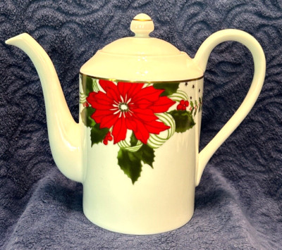 AMERICAN ATELIER SUZANNE EVANS 7.5'' POINSETTIAS TEAPOT W/ LID-HOLLY/STARS- MINT