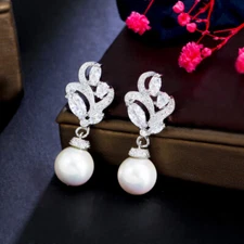 Cute Silver Plated Dangle Drop White Pearl Earring Cubic Zirconia for Women Gift