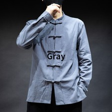Men Linen Cotton Shirt Chinese Frog Button Tang Suit Top Kungfu Tai Chi Cardigan